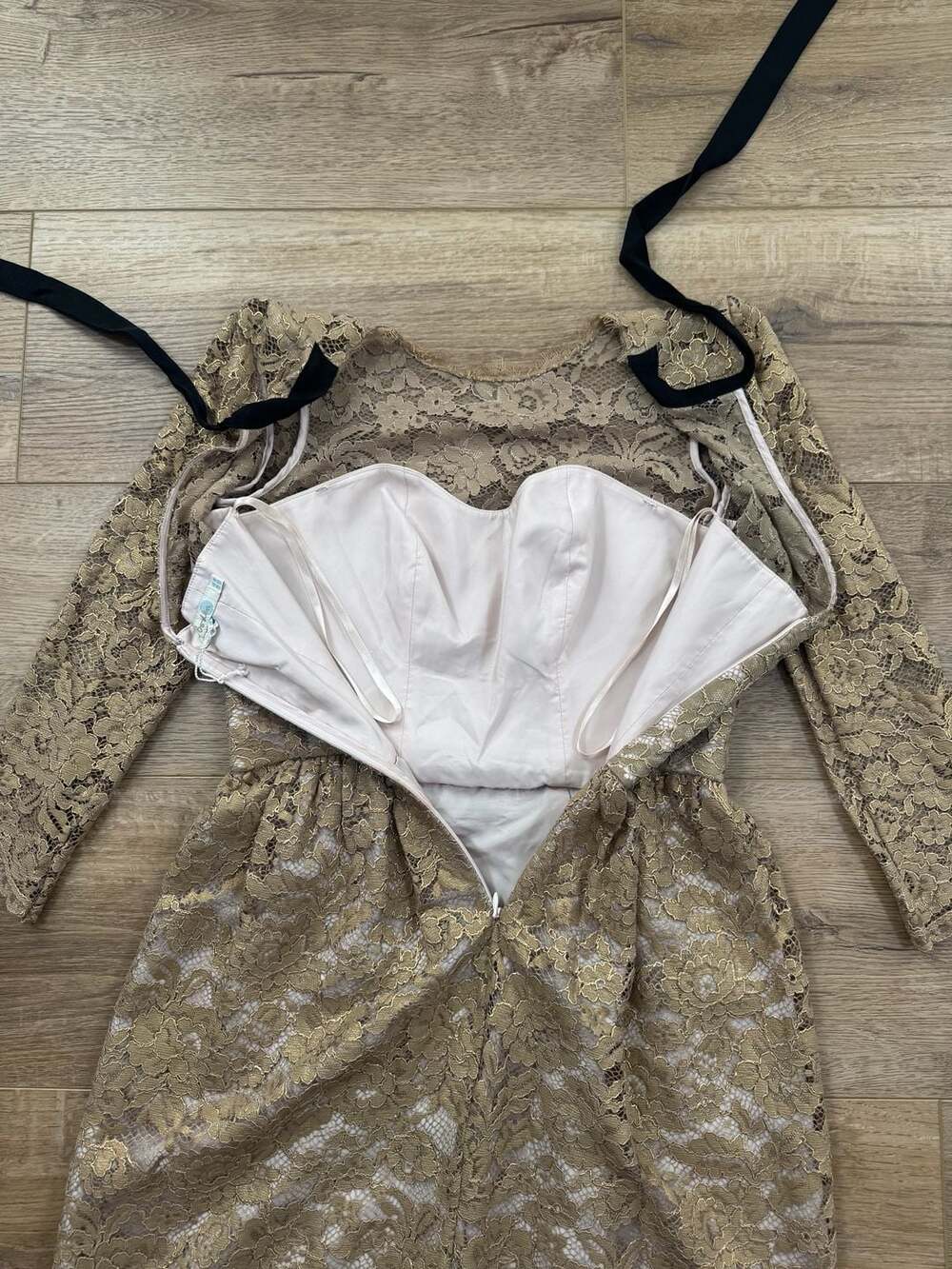 Boden Gold Metallic Lace Long Sleeve Midi Dress with Back Bow - Picture 15 of 16